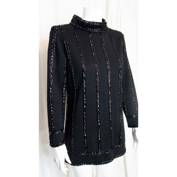 VINTAGE '60s Mod Black Wool Sequin + Beaded Black Long Sleeve Gogo Dress SMALL - Picture 3 of 9